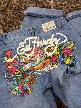 Ed Hardy Light Blue Wide-Leg Jeans with Colorful Embroidered Back
